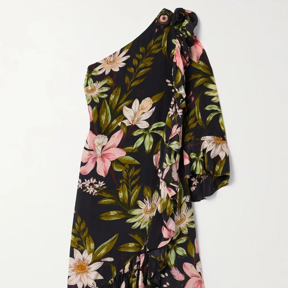 FARM RIO - Surreal Flowers One-Shoulder Crêpe de Chine Midi Dress - Black - XL - Picture 7 of 10